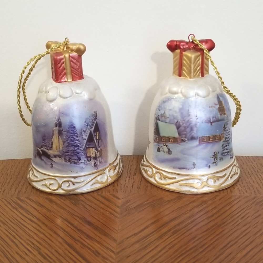Christmas scenery bells. Ceramic. 4" tall. Vintage.
